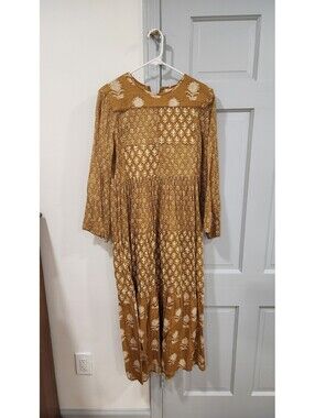 DÔEN Mustard Yellow Patchwork Print Midi Dress, Size M